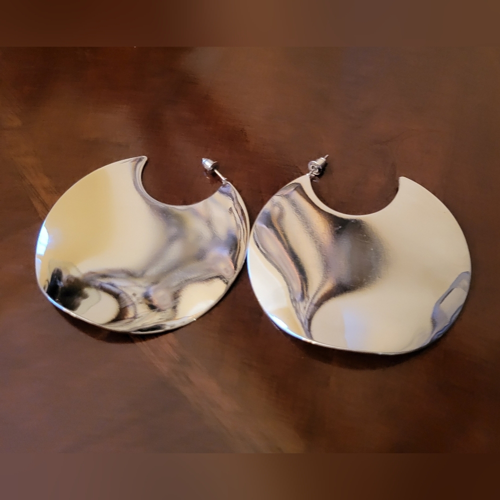Modern Silver Crescent Disc Hoop Earrings